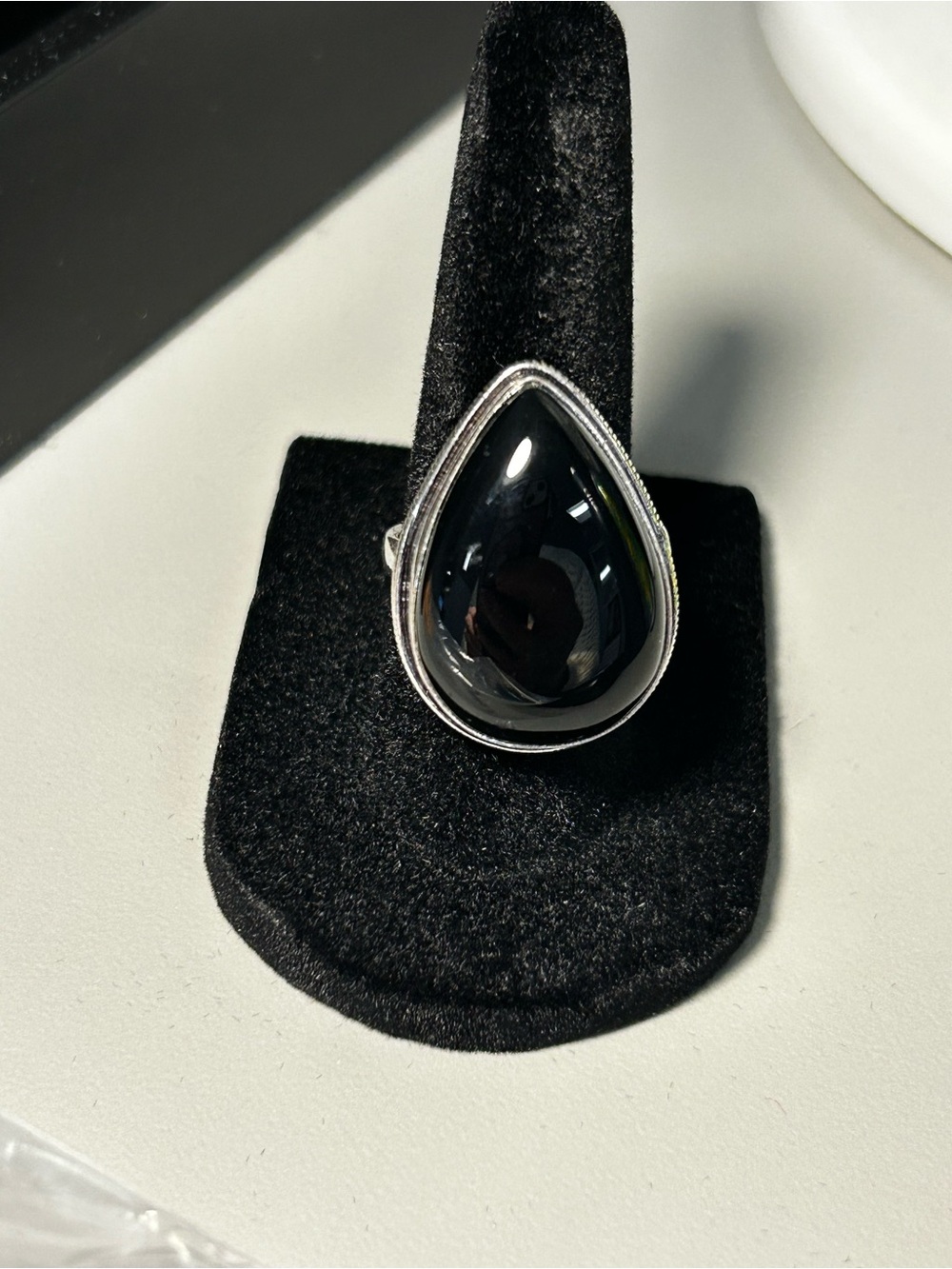 Sterling Tone Teardrop Genuine Black Onyx Ring